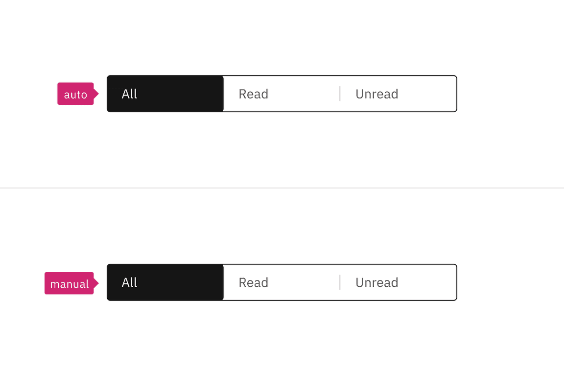 Two content switchers, one with a pink annotation reading "auto", the other with an annotation "manual"