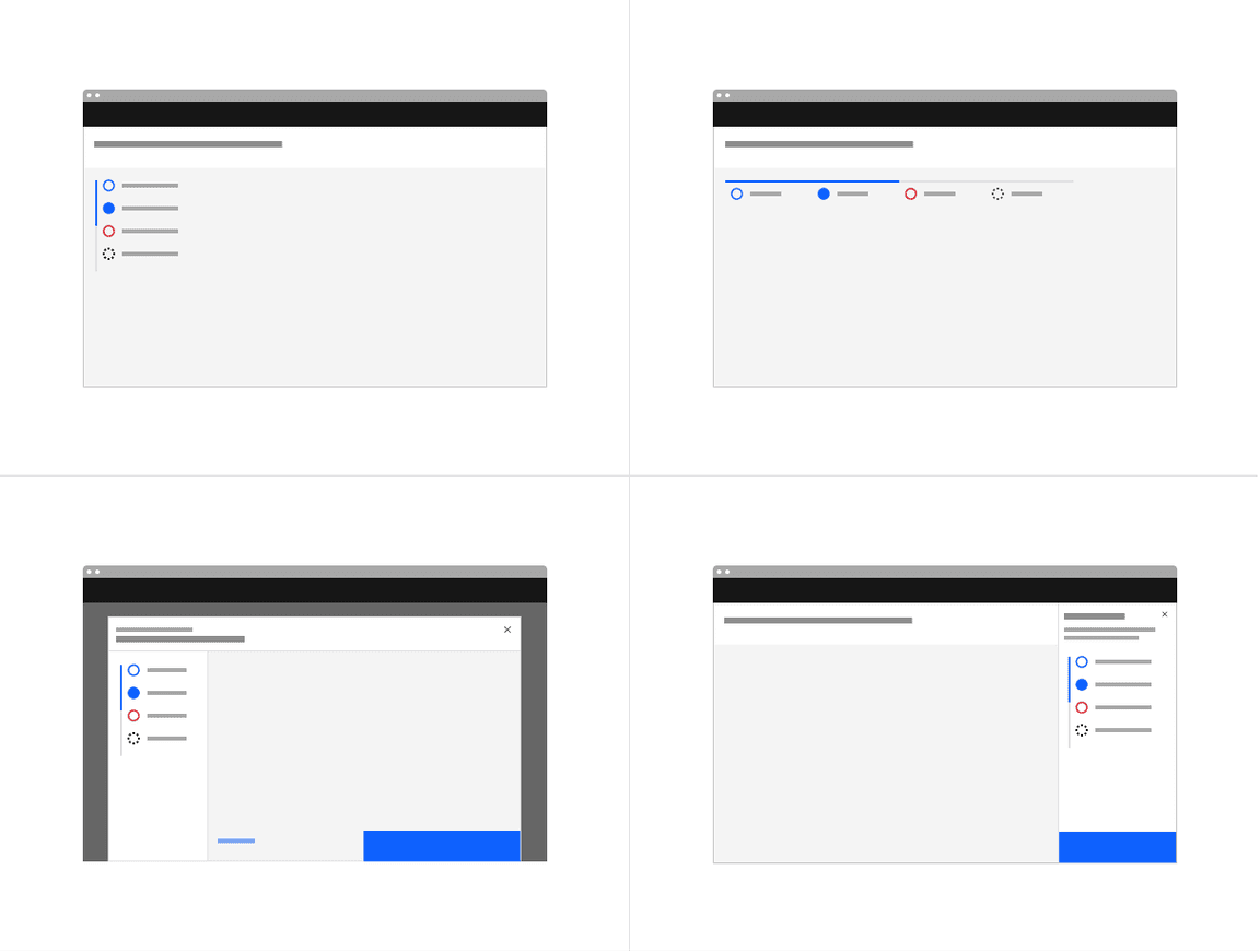 Examples of progress indicators on a full page, tearsheet, and side panel