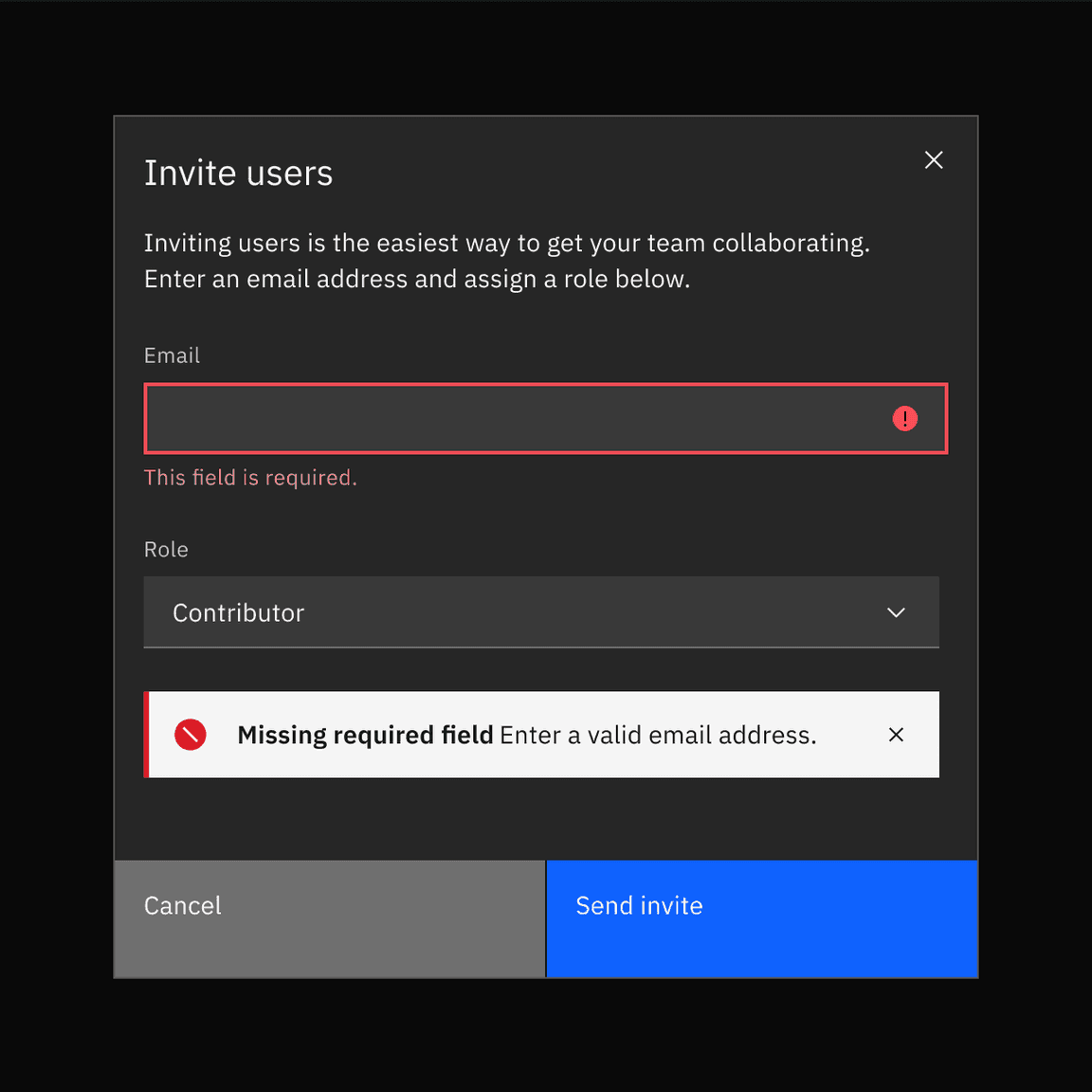 Example of inline notification  supporting an error message on a form