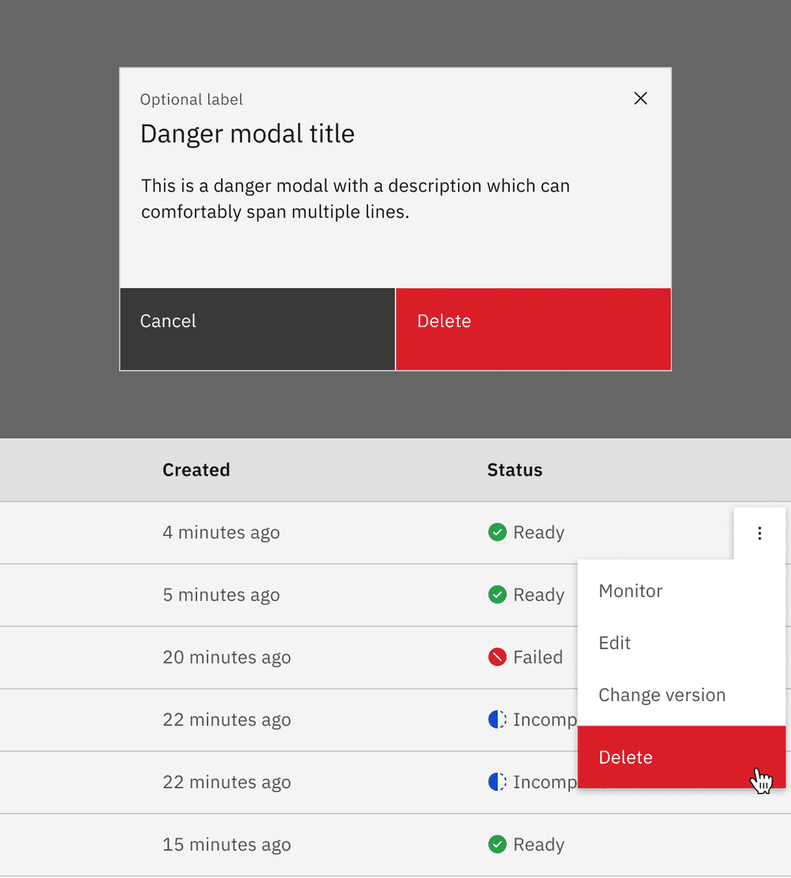 Example of delete in a modal and overflow menu