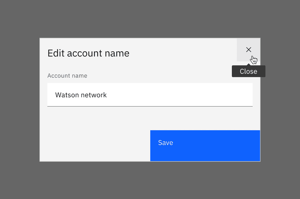 a pointer hovering over an icon-only button shows the name ‘Close’